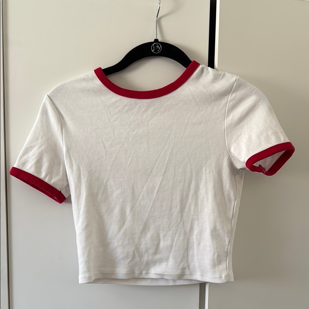 ZARA  / Fitted White and Red Ringer Cropped Top - S